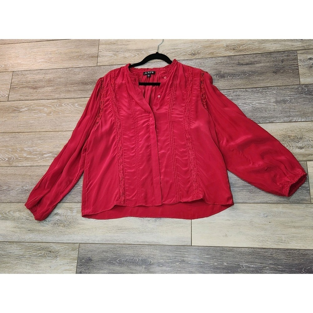 J.Crew Lace-trim pintuck top in crepe de chine Ruby Red  Size 14